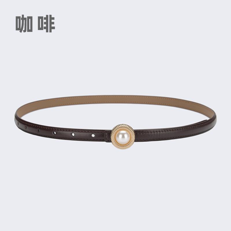 Cowhide Leather Pearl Thin Belt Women'S Summer Style Suit Belt Black Jeans Belt
