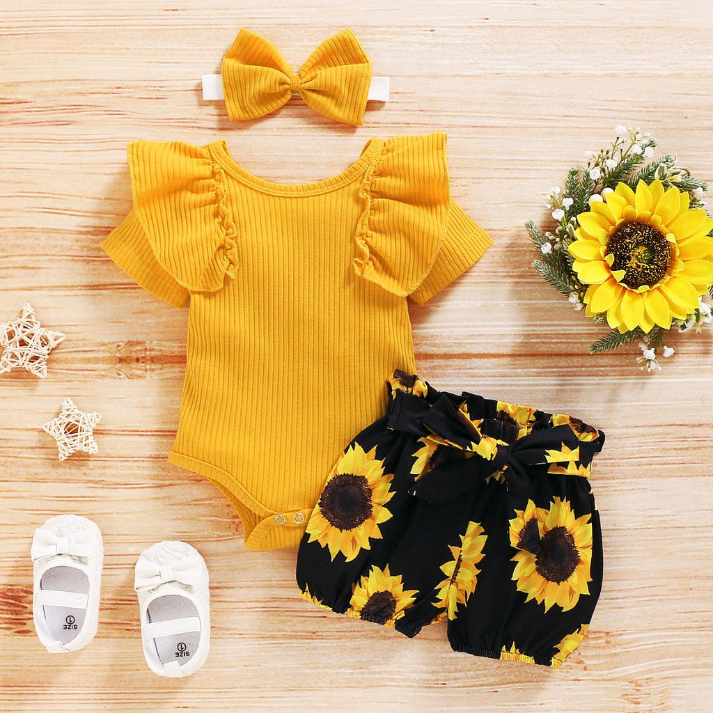 MAITA Baby Summer Clothing Newborn Baby Girl Floral Clothes Short Sleeve Romper Jumpsuit+Sunflower Tutu Shorts 3Pcs Outfits Set