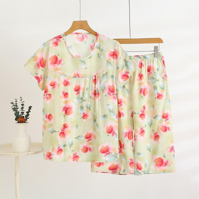 Summer Short-sleeved Home Wear Set, Women's Thin Round-neck Top, Shorts, Two-piece Loose Pajamas