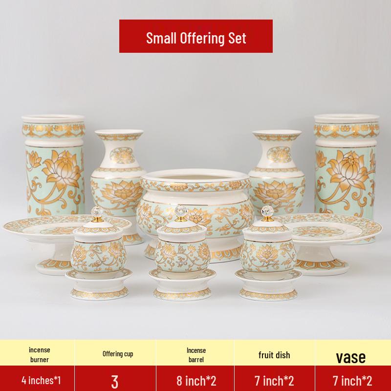 White Marble Buddhist Offering Set: Water Cup, Fruit Plate & Incense Burner.