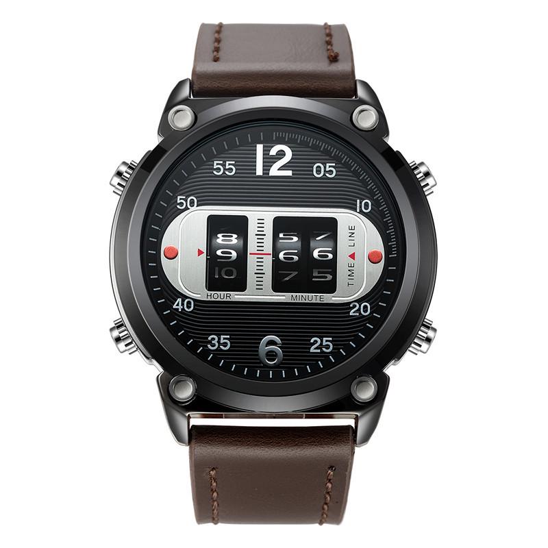 Men s Fashion Leather Strap Quartz Watch with Creative Roller Design