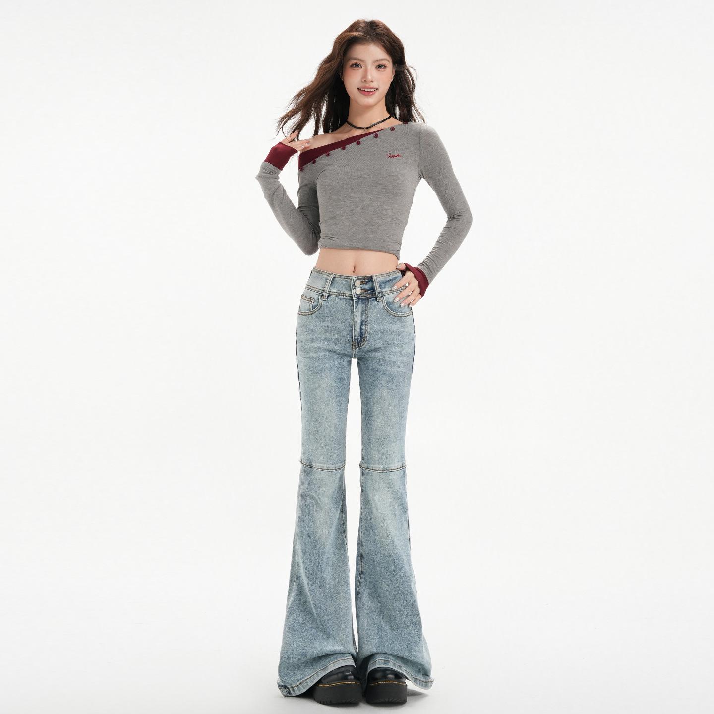 

Американские ретро расклешенные джинсы двубортные - Женские 2025 Осень Приталенные с новым дизайном строчки L