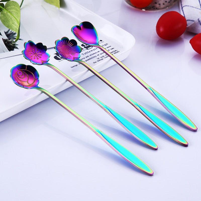 4 Adet/grup Paslanmaz Çelik Sofra Gökkuşağı Çiçek Buz Kaşığı Şeker Kaşığı Çay Kahve Kaşığı Karıştırma Çubuğu Sp