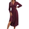 Women V Neck Long Sleeve Ruched Waist A Line Midi Dress Solid Color Casual Fit Flare Dress