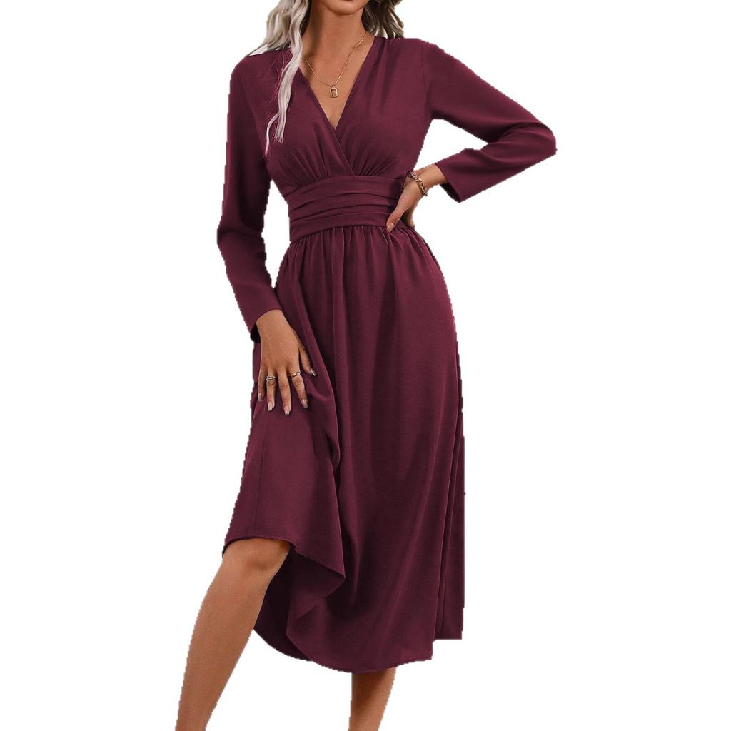 Women V Neck Long Sleeve Ruched Waist A Line Midi Dress Solid Color Casual Fit Flare Dress