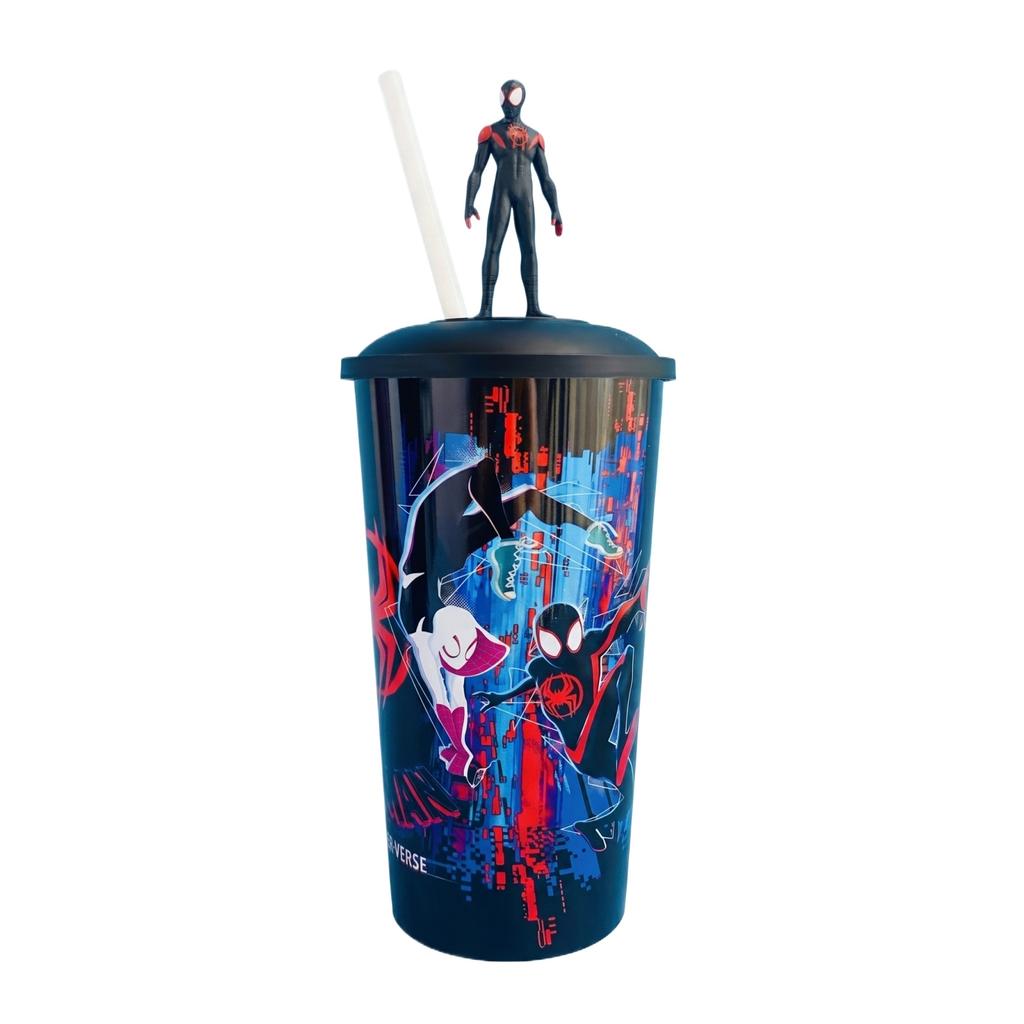 Plastic Tumbler Cup with Lid and Straw Featuring Spider-Man Design with Removable Figure on Top for Cold Beverages Reusable Drinkware