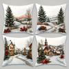 2D Flat - Set of 4 Christmas Tree Pillow Covers - Featuring a Winter Village Snow Scene with Red Decorations, Square Zippered Cushion Covers Suitables