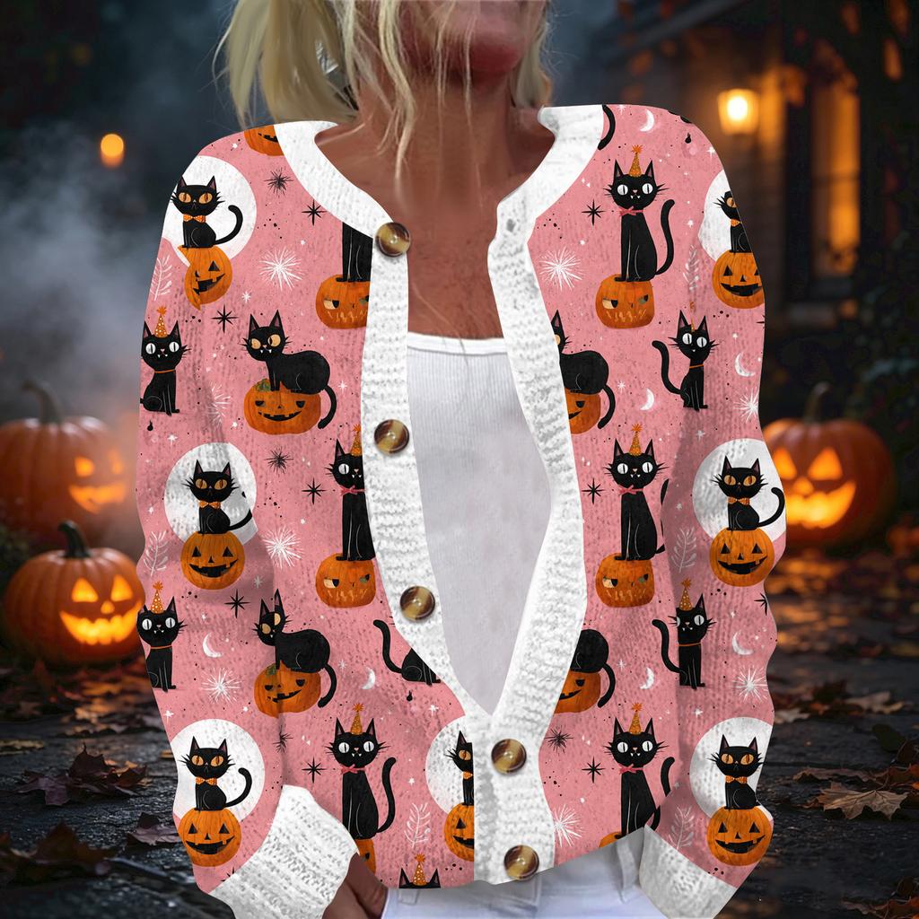 Damen Halloween Print Langarm Strickjacke Knopfleiste Oberbekleidung