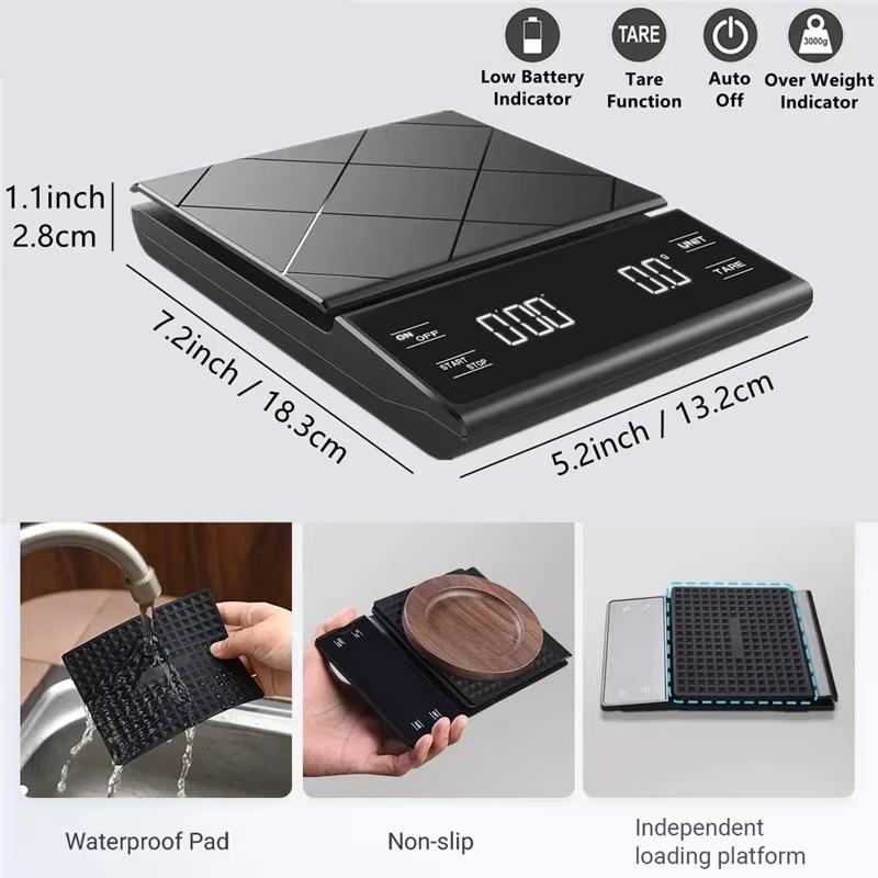 3kg/0.1g Koffieweegschaal met Timer Keukengereedschap Digitale Multifunctionele Weegschaal Pour Over Drip Espresso Weegschaal LCD-display