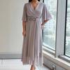 Abito da sera lungo in chiffon da donna con scollo a V incrociato, maniche a sbuffo a metà manica, vita decorata con perline