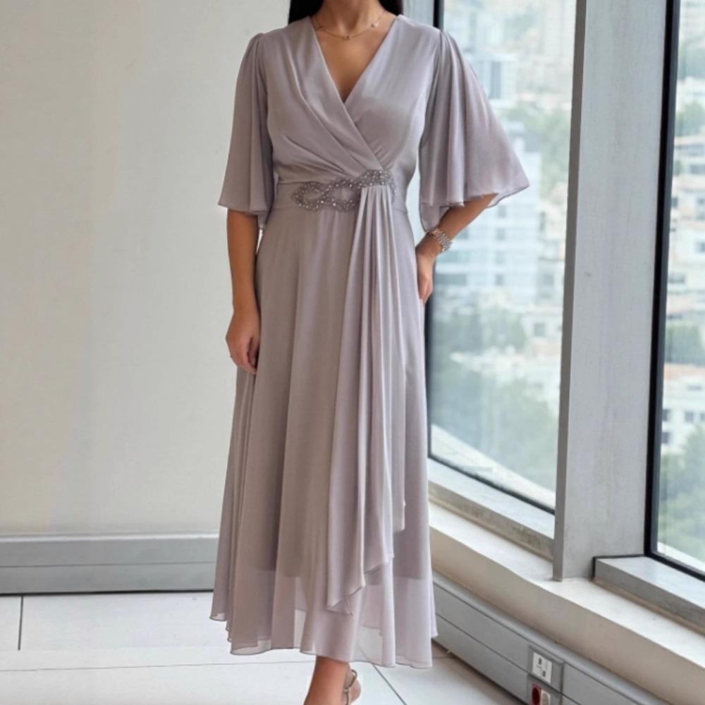 Abito da sera lungo in chiffon da donna con scollo a V incrociato, maniche a sbuffo a metà manica, vita decorata con perline