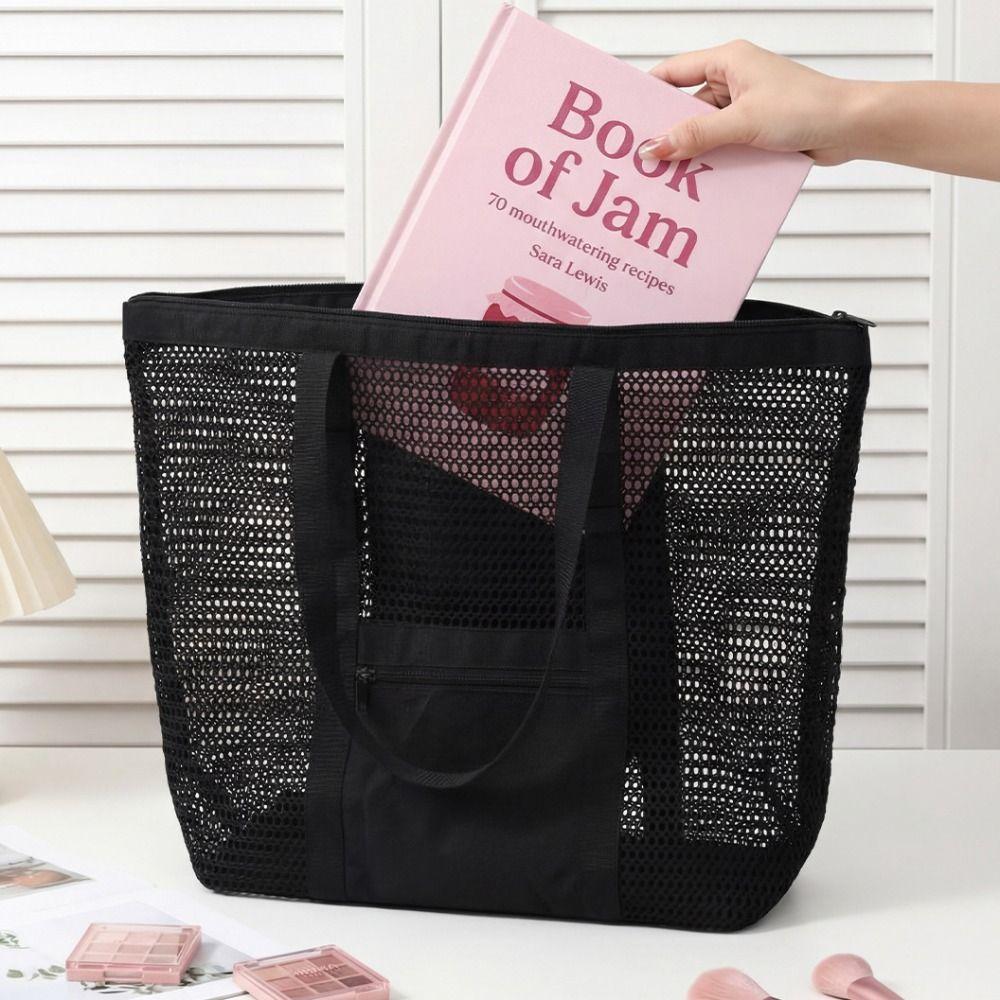 Nylon Mesh Beach Bag Zipper Mesh Handbag Soild Color Toiletry Storage Bag  Travel
