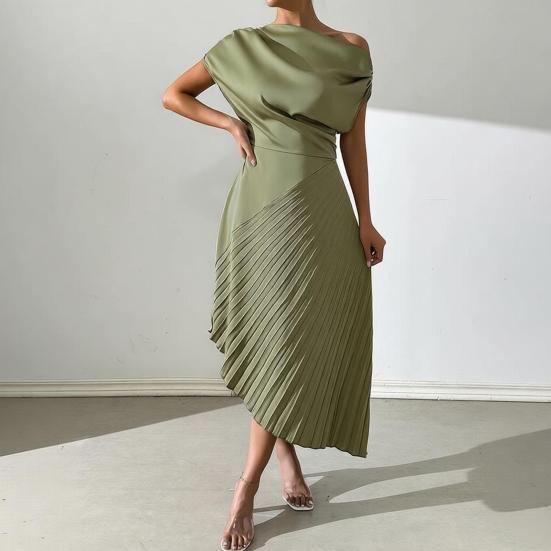 Vestido de Noche Formal Plisado para Mujer Vestido Plisado de un Solo Hombro Línea A Manga Corta Fruncido Vestido de Fiesta Cóctel