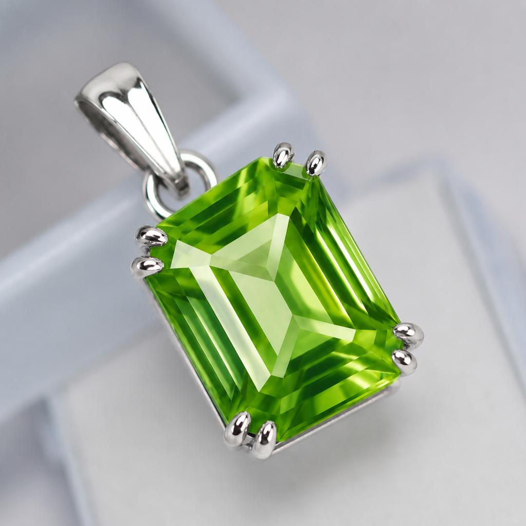 Natural Green Peridot Pendant 925 Sterling Silver 18 ct Emerald Cut Gemstone Jewelry Gift