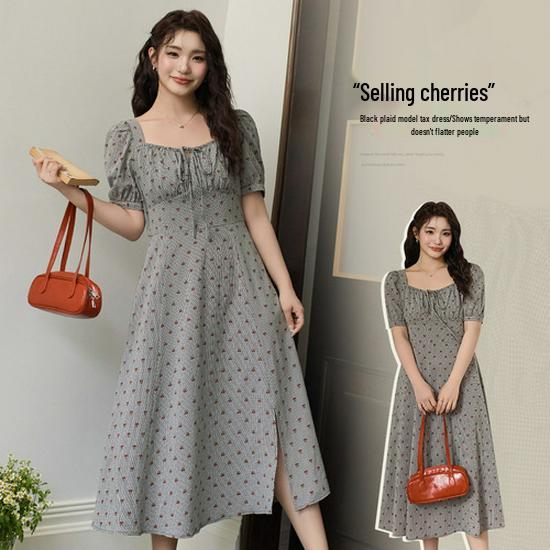 Chic Square Neck High Waist Plus Size Dress - 2025 Korean Summer Style, Tea Dress