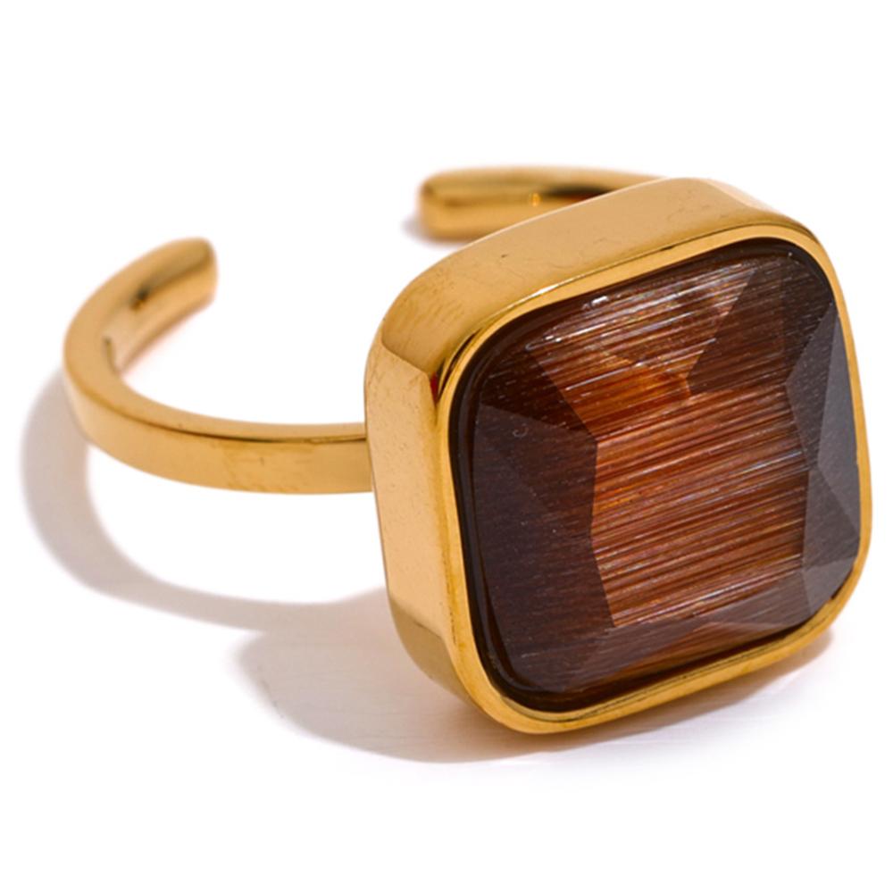 

Yhpup Colorful Opal Natural Cat Eye Stone Stainless Steel Square Open Ring High Quality Rust Proof Gold Color Finger Jewelry resizable