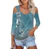 Women's Casual Shirt Blouse Print V-neck Sexy Cold Shoulder 3/4 Sleeve Top