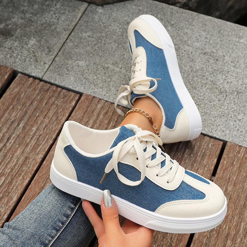 Fashion Women's Fashion Lace Up Casual Sneakers Blue Denim Mix Color Flat Shoes Woman Lightweight Non Slip Sports Shoes Plus Size 36-43
