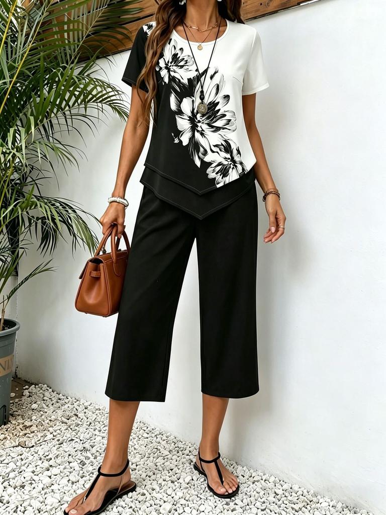 European and American Cross-border TK Amazon Temu2026 Summer Fashion Printing Irregular Top Cropped Pants Two-piece Set