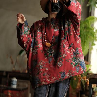 Paltoane Dama Rosu Floral Vintage Stand Maneca Lunga Nasturi Stil Chinezesc Iarna Paltoane Vintage