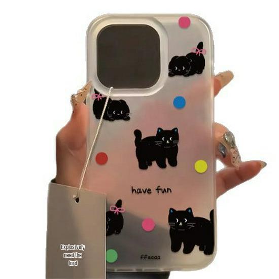 Frosted Polka Dot Cat Case for Apple 13/14/15/16/17 Pro Max - Transparent, Large-Hole Design