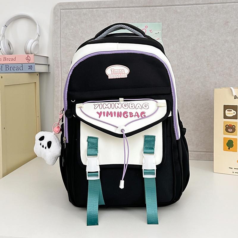 Cute Color Blocked Letter Printed Student Leisure Backpack With Pendant Plush