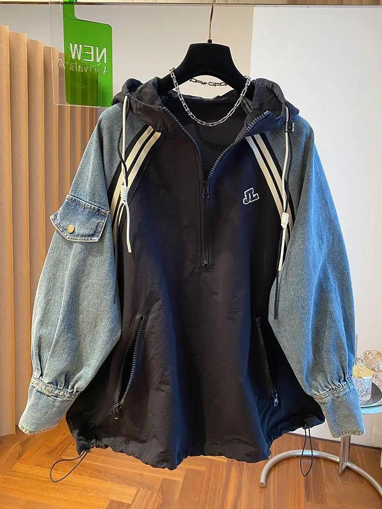 Oversized Sweatshirts for Women Patchwork Denim Streetwear Y2k Tops Hooded Contrast Color Vintage Hoodies