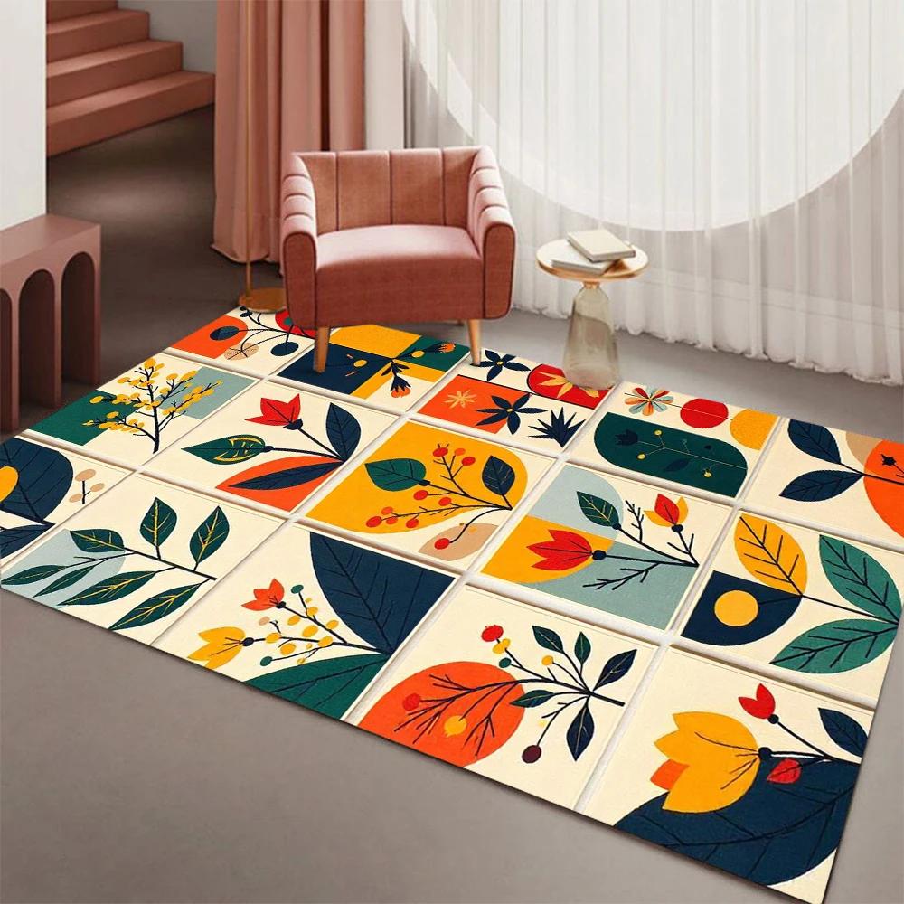 Grid Pattern Flower Leaf Carpet Living Room Sofa Chair Study Room Entrance Door Mat Anti Slip Washable Home Decoration Carpet