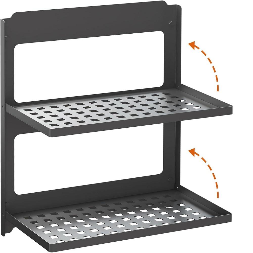 2-Tier Black Iron Floating Shelf Wall-Mounted Metal Shower Rack Foldable Stackable Anti-Drop Baffle for Bathroom Laundry Toilet