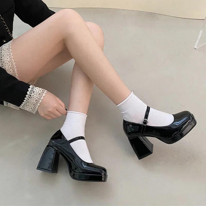 Fashion Patent Leather High Heel Mary Jane Shoes Women Elelgant Buckle Strap Platform Pumps Woman Chunky Heels Punk Lolita Shoes Female