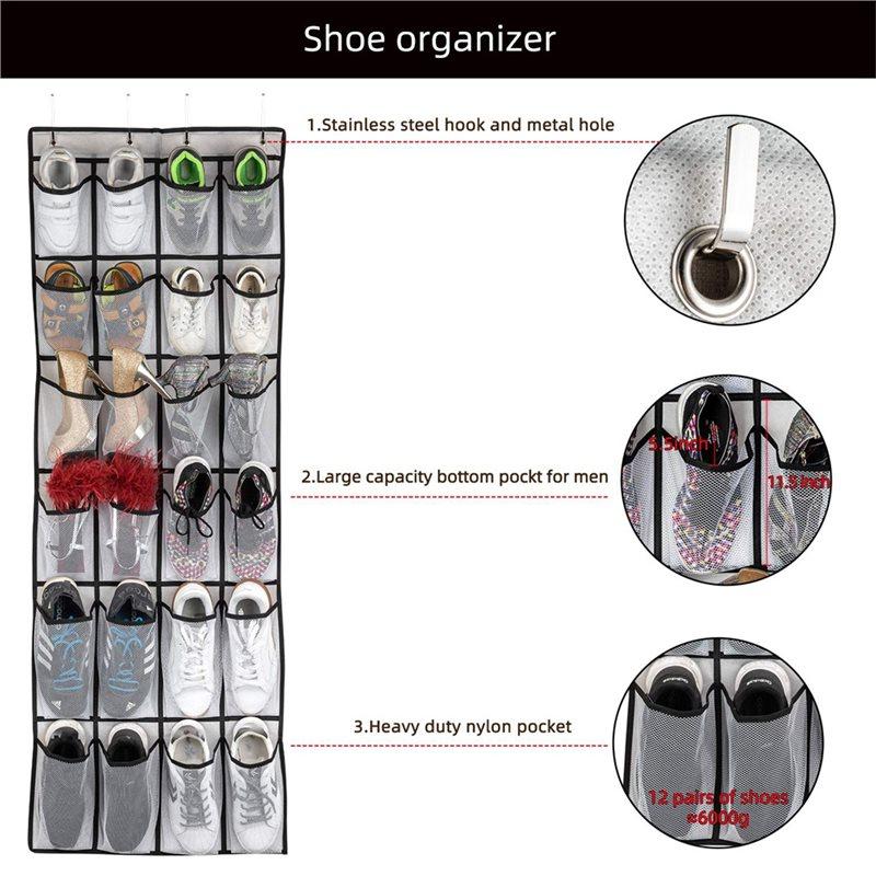 Over The Door Shoe Organizer With 24 Mesh Large Pockets, Hanging Shoe Rack Organizer