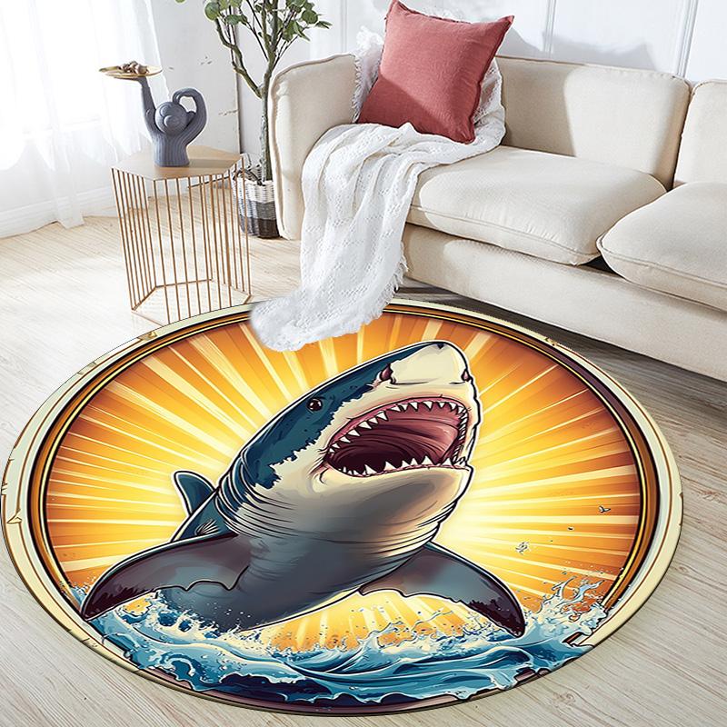 Great White Shark Round Area Rug,Carpet Rug for Living Room Bedroom Sofa Playroom Decor,Non-slip Floor Mat