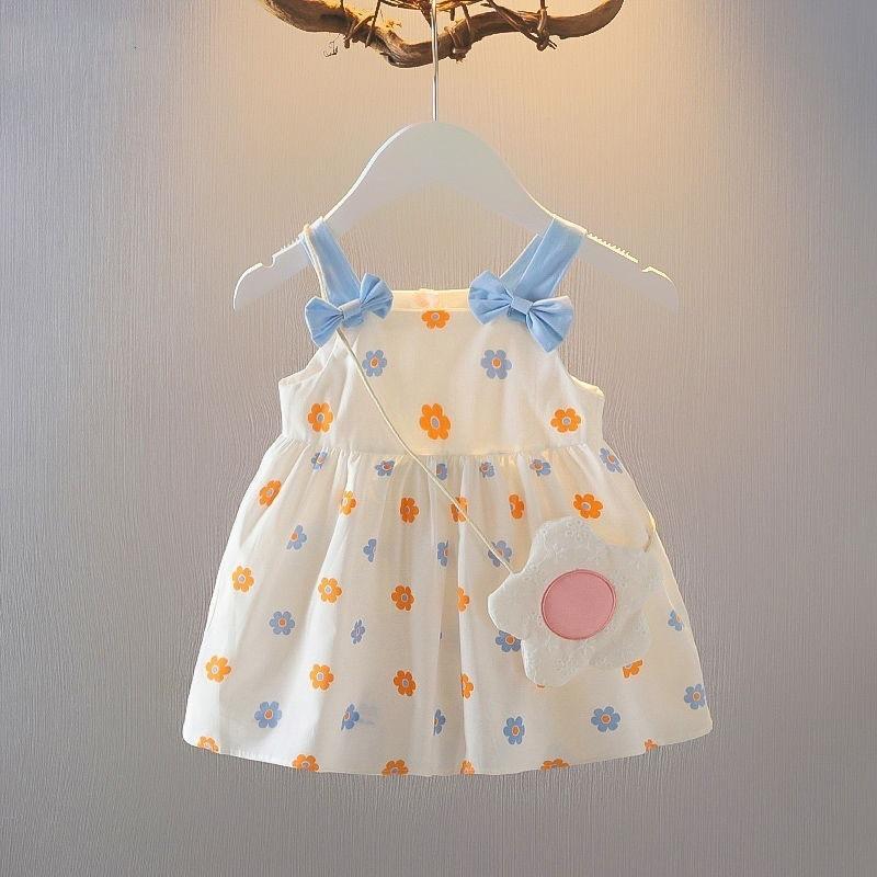Summer Baby Girls' Dress Set Cute Bag Kids Fresh Floral Bow Strap Daily Thin Sleeveless Vest Girl Dress