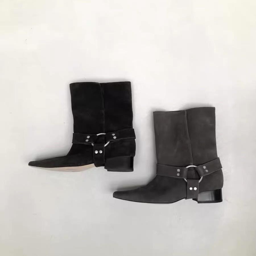 Leather Square Head Thick Heel Martin Boots Women's New Folded Two Wear Suede Locomotive Boots