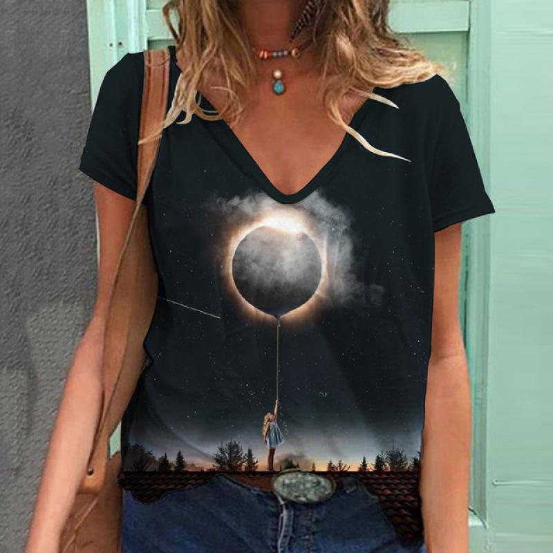 Летняя модная футболка женская контрастная строчка лунный свет цифровой 3D принт топы — фото 13
