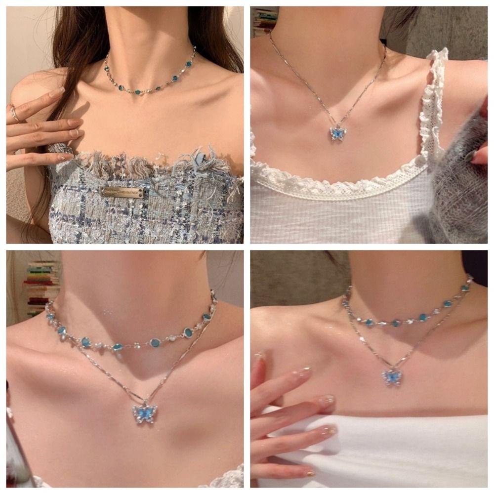 Temperament Butterfly Zircon Necklace Crystal Forest Necklace New Double-layer Necklaces Girl