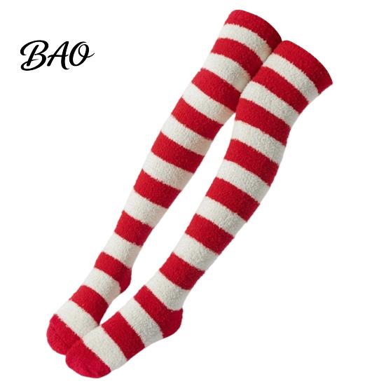 Warm Winter Sleep Socks Striped Plush for Women, Coral Fleece Thermal Socks, Soft Thickened Velvet Knee High Stockings, Sleeping Home And Casual Wear