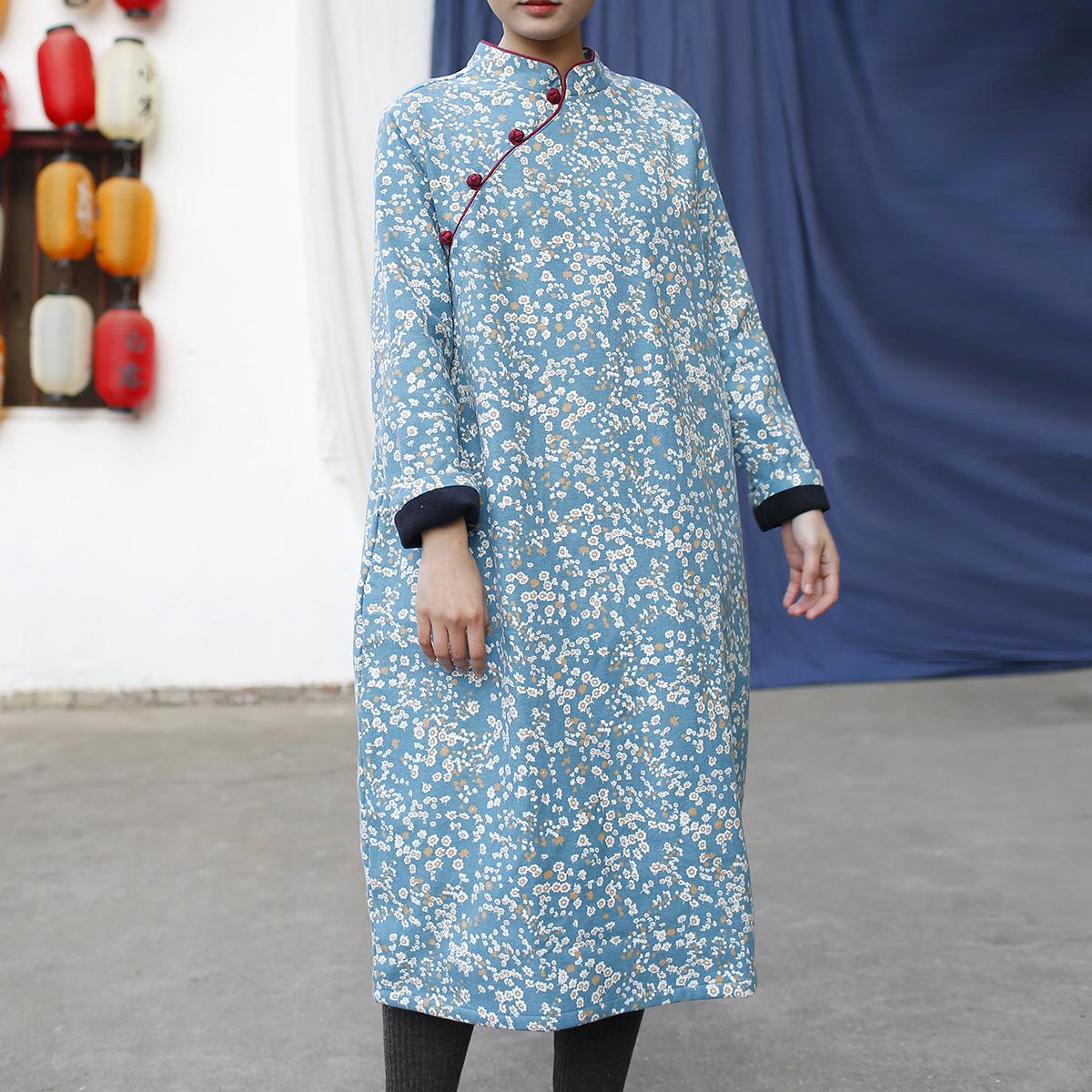 

Johnature Women Chinese Style Dresses Stand Long Sleeve Spring Thick Female Print Floral A-Line Dresses One Size синий