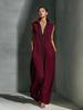Women's Contrast Striped Sleeveless Stand Collar Deep V Neck Linen Blend Straight Maxi Dress Casual Long Dress