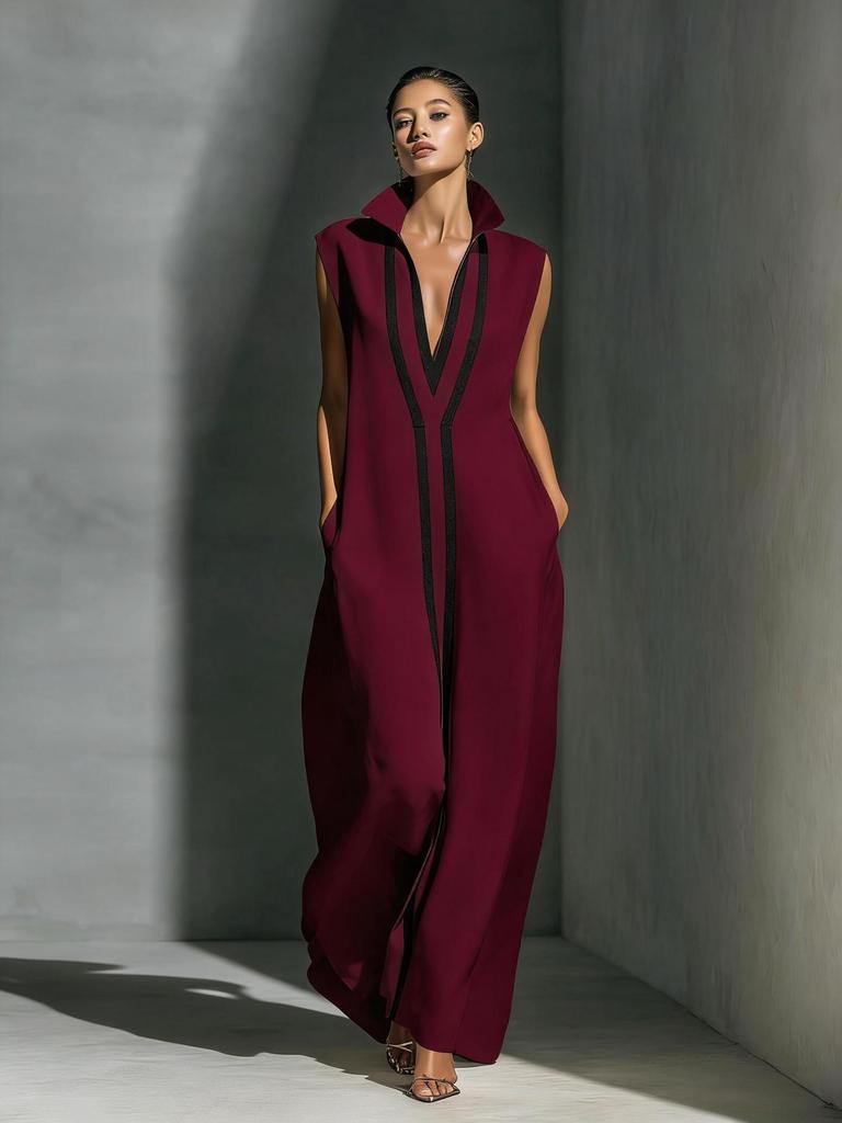 Women's Contrast Striped Sleeveless Stand Collar Deep V Neck Linen Blend Straight Maxi Dress Casual Long Dress