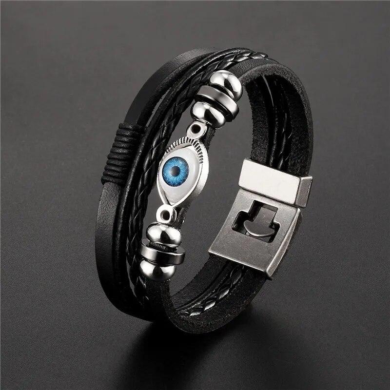 Brățară cu mai multe straturi din piele pentru bărbați Brățară punk albastră cu ochi răul de modă Cadouri pentru bărbați Bijuterii Cadouri Amulete cu ridicata