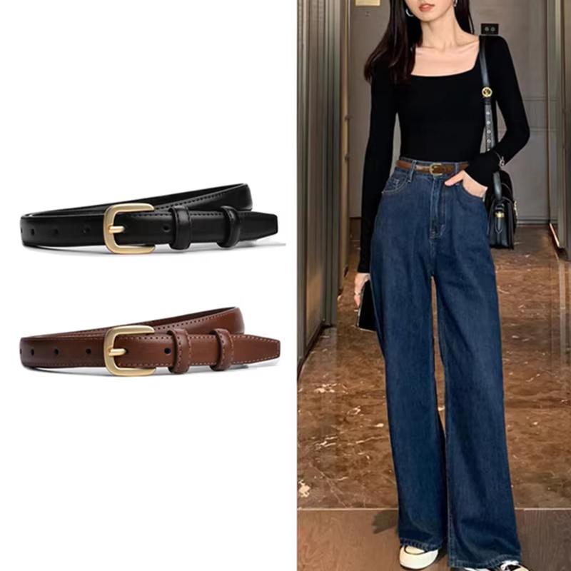 Women'S Belt With Fine Matching Western Pants 2Cm Wide Pu Leather Metal Buckle Belt Simple Versatile Decoration