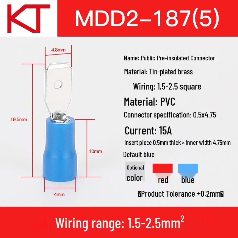 KT KST MDD2-110/187-250 Male Pre-Insulated Crimp Terminal Pins, 1000 Pcs