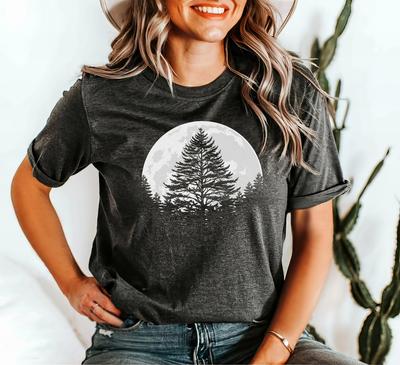 Forest Moon Shirt, Full Moon and Pine Trees Tee, Night Nature Silhouette T-Shirt, Minimal Dark Forest Shirt, Camping, Moon Phase Tshirt