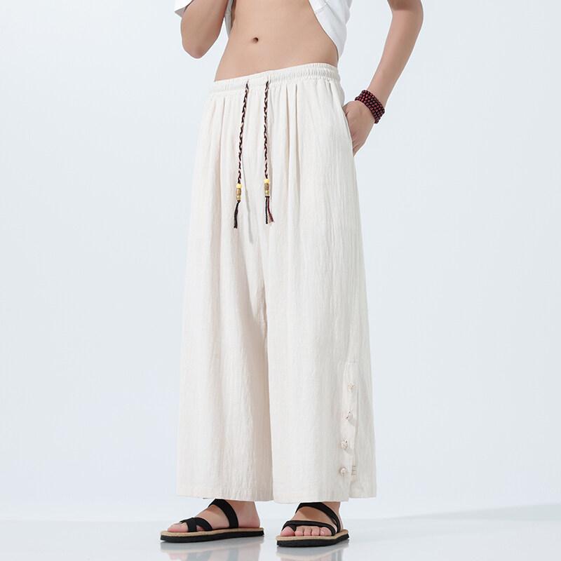 2025 Men Baggy Cotton Linen Pants Men Casual Wide Leg Oversize Jogger Trousers Men Vintage Drawstring Pants Male Skirt Pants
