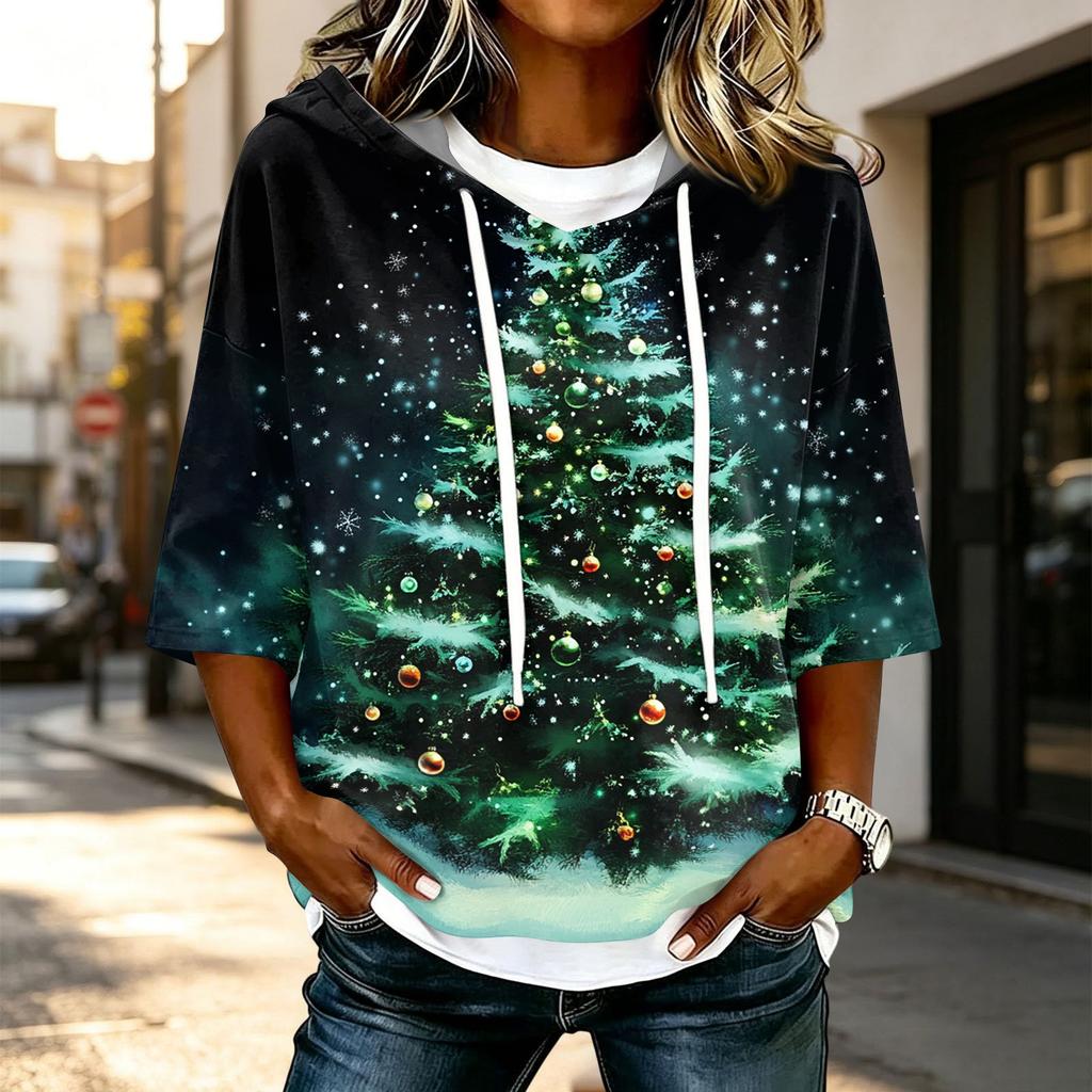 Women's Casual 3/4 Sleeve Hooded Christmas T-Shirt for Holiday Parties and Everyday Wear
