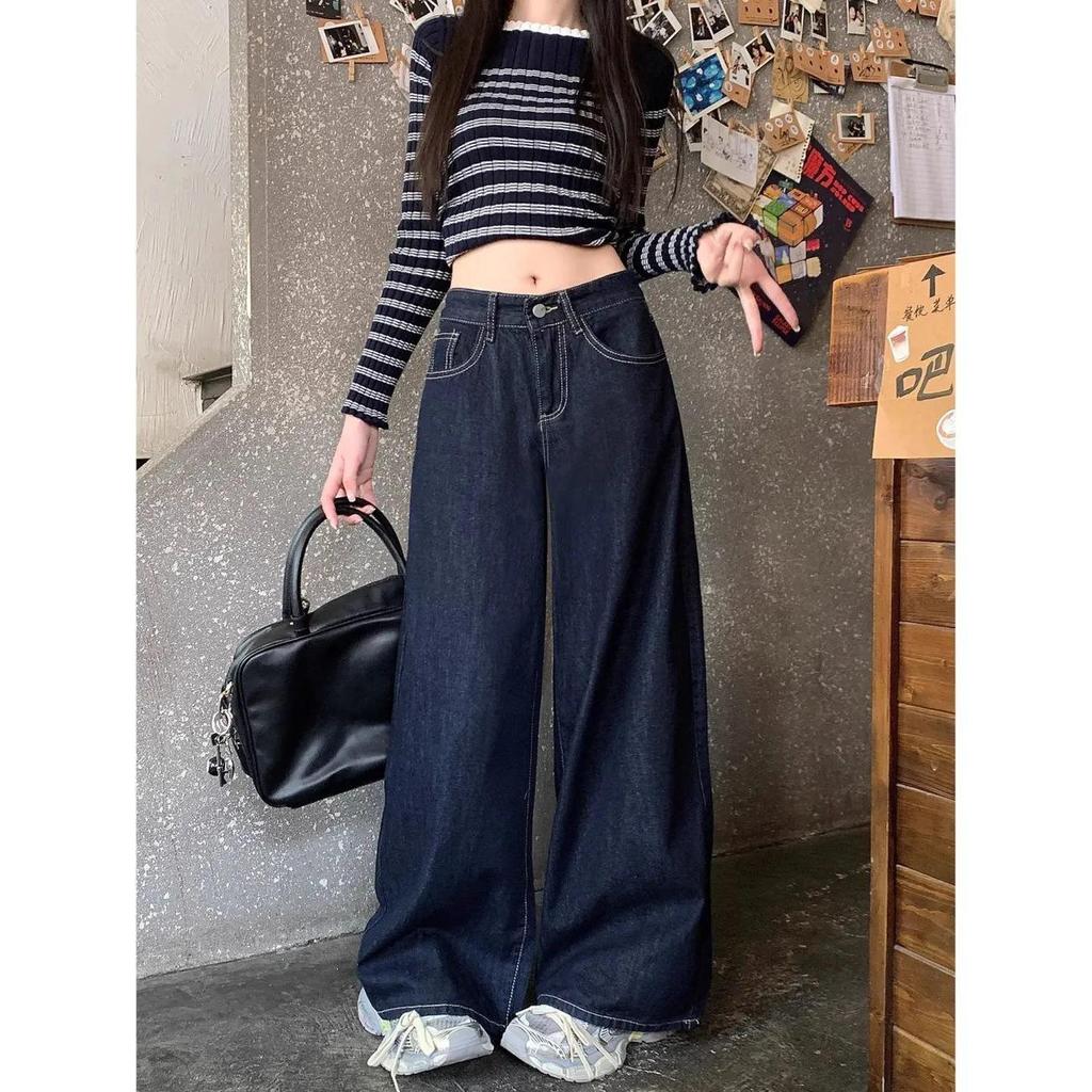 Petite High-Waisted Dark Blue Wide-Leg Jeans - Women's Autumn/Winter Straight Loose Casual Pants