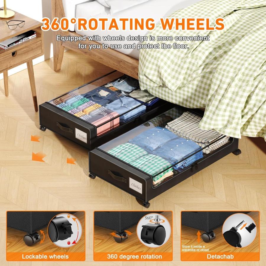 Under Bed Storage with Wheels Under Bed Storage Containers with Dividers Clear Lids 65L Under The Bed Storage Organizer Bins