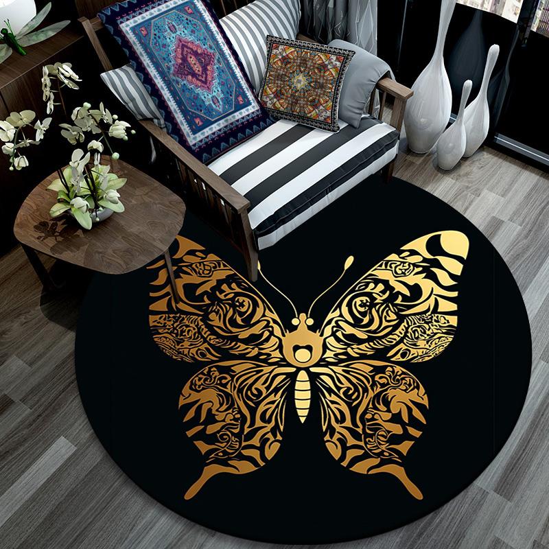 Golden Butterfly Round Area Rug,Carpet Rug for Living Room Bedroom Sofa Playroom Decor,Non-slip Floor Mat