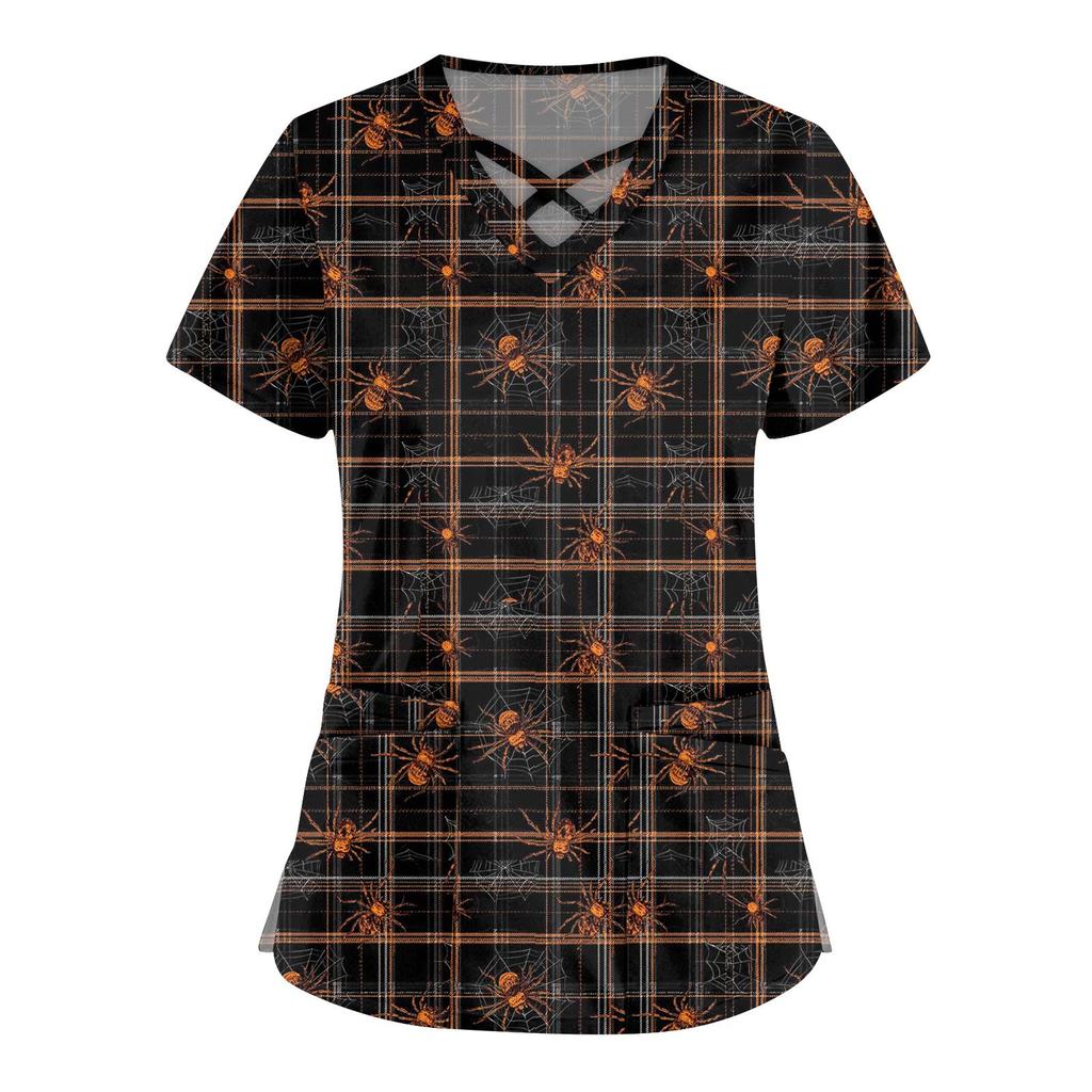 Women's Fashion  V-Neck Short Sleeve Overalls Double Pocket Halloween Printed Tops  Apparel